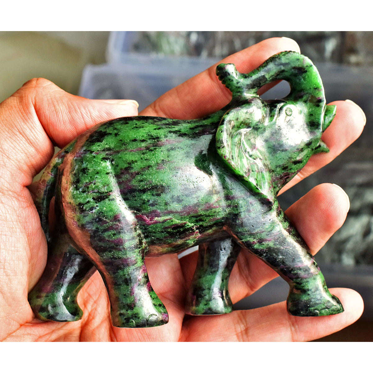 gemsmore:Stunning Ruby Zoisite Hand Carved Genuine Crystal Gemstone Carving Elephant