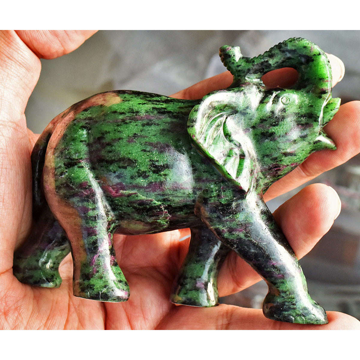 gemsmore:Stunning Ruby Zoisite Hand Carved Genuine Crystal Gemstone Carving Elephant