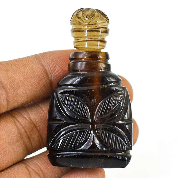 gemsmore:Stunning Smoky Quartz  Hand Carved Genuine Crystal Gemstone Carving Perfume Bottle