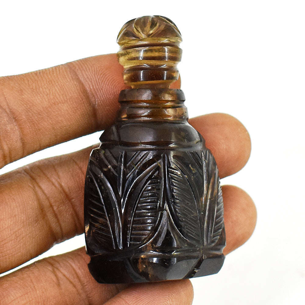 gemsmore:Stunning Smoky Quartz  Hand Carved Genuine Crystal Gemstone Carving Perfume Bottle