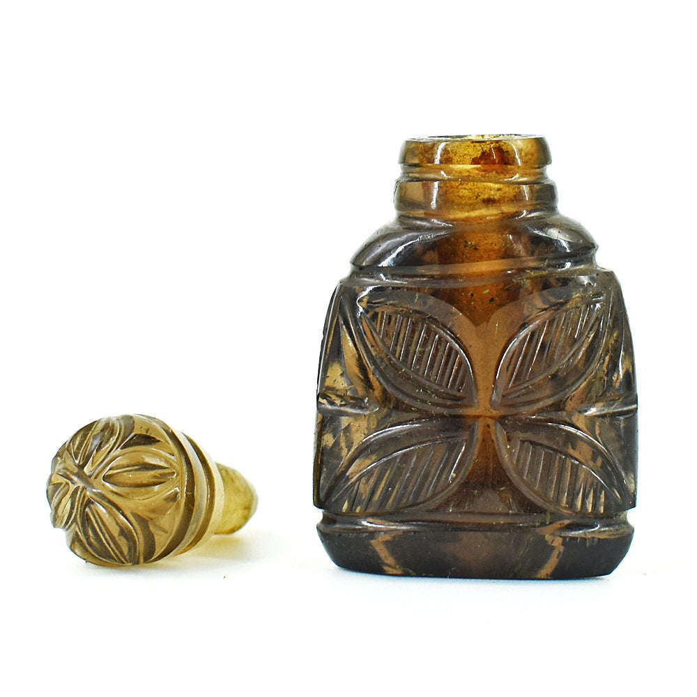 gemsmore:Stunning Smoky Quartz  Hand Carved Genuine Crystal Gemstone Carving Perfume Bottle