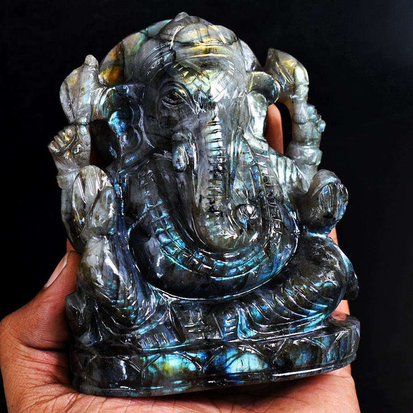 gemsmore:Stunning Sunset Flash Labradorite Hand Carved Genuine Crystal Gemstone Carving Lord Ganesha