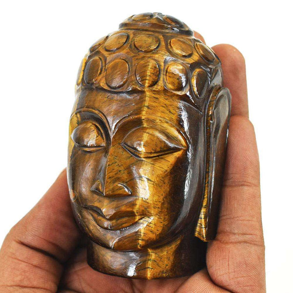 gemsmore:Stunning Tiger Eye Hand Carved Genuine Crystal Gemstone Carving Buddha Head