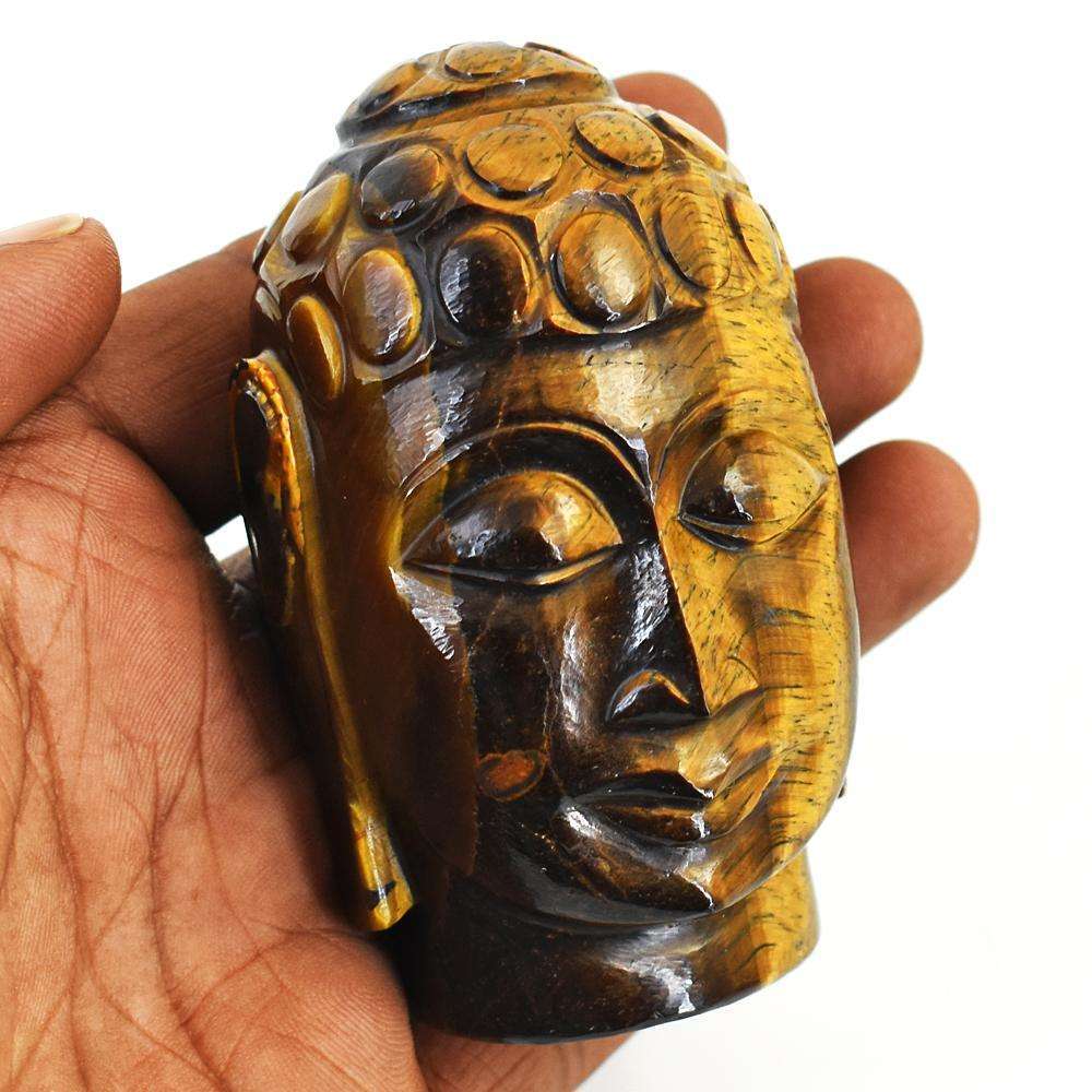 gemsmore:Stunning Tiger Eye Hand Carved Genuine Crystal Gemstone Carving Buddha Head