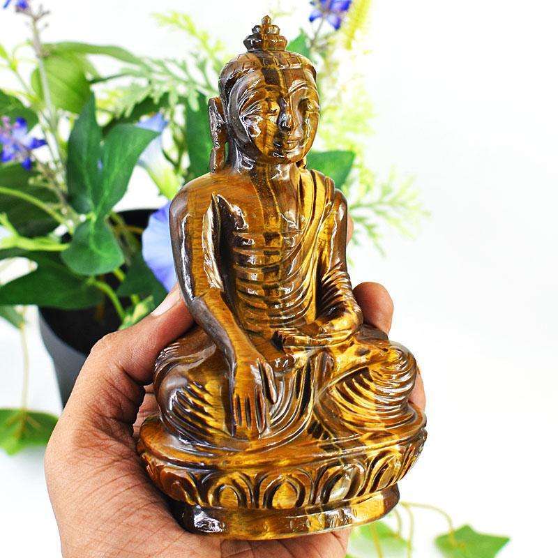 gemsmore:Stunning Tiger Eye Hand Carved Genuine Crystal Gemstone Carving Lord Buddha