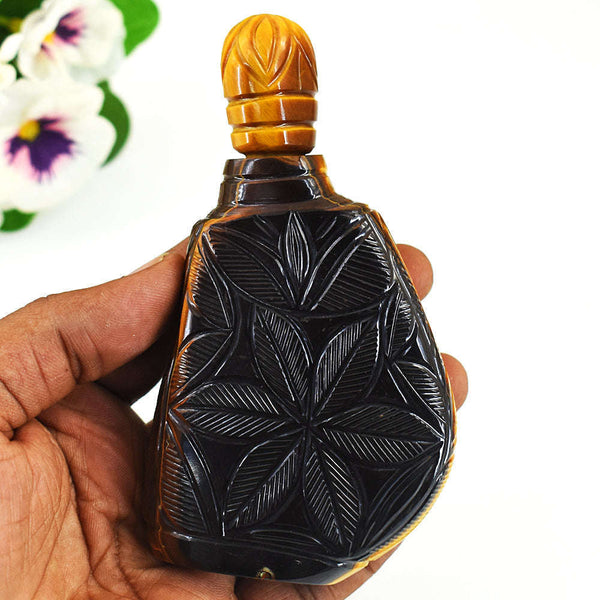gemsmore:Stunning Tiger Eye Hand Carved Genuine Crystal Gemstone Carving Perfume Bottle