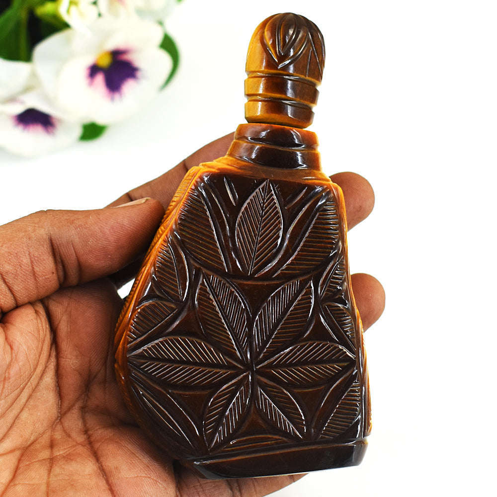 gemsmore:Stunning Tiger Eye Hand Carved Genuine Crystal Gemstone Carving Perfume Bottle