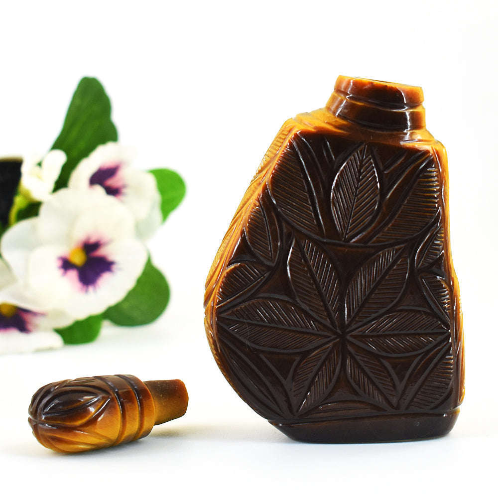 gemsmore:Stunning Tiger Eye Hand Carved Genuine Crystal Gemstone Carving Perfume Bottle