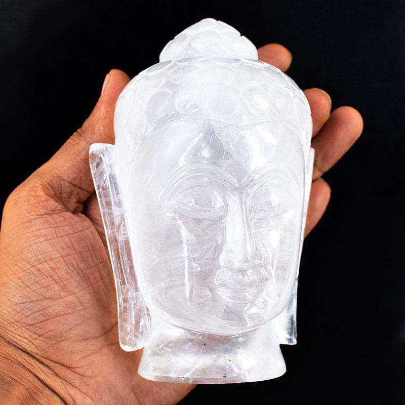 gemsmore:Stunning White Quartz Hand Carved Genuine Crystal Gemstone Carving Buddha Head