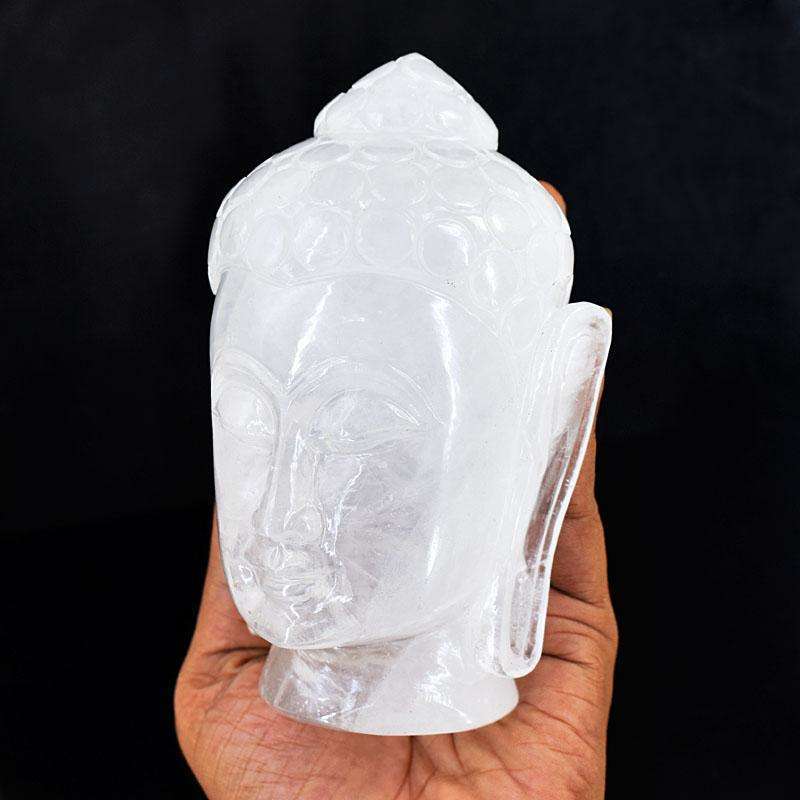 gemsmore:Stunning White Quartz Hand Carved Genuine Crystal Gemstone Carving Buddha Head