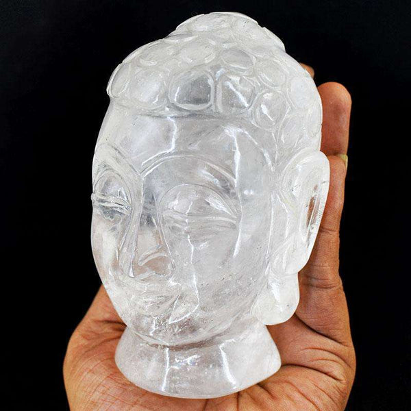 gemsmore:Stunning White Quartz Hand Carved Genuine Crystal Gemstone Carving Buddha Head