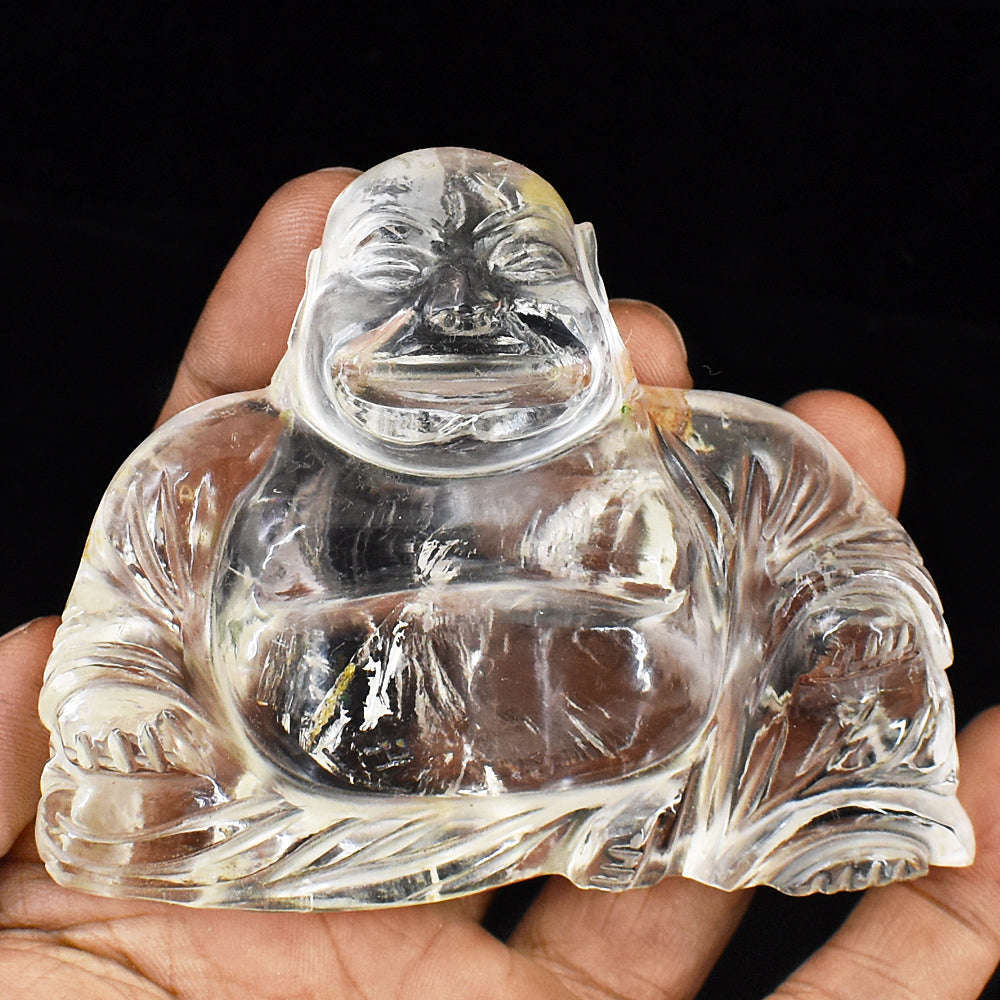 gemsmore:Stunning White Quartz  Hand Carved Genuine Crystal Gemstone Carving Laughing Buddha