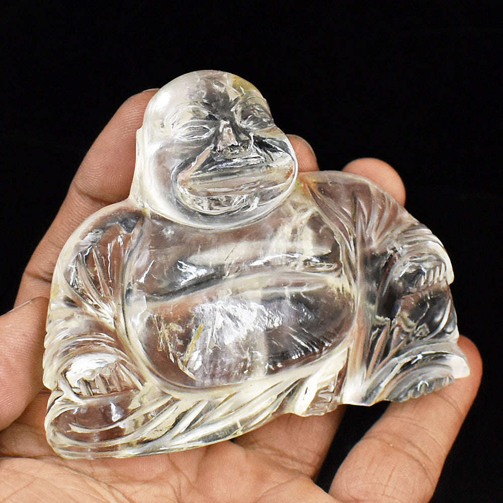 gemsmore:Stunning White Quartz  Hand Carved Genuine Crystal Gemstone Carving Laughing Buddha