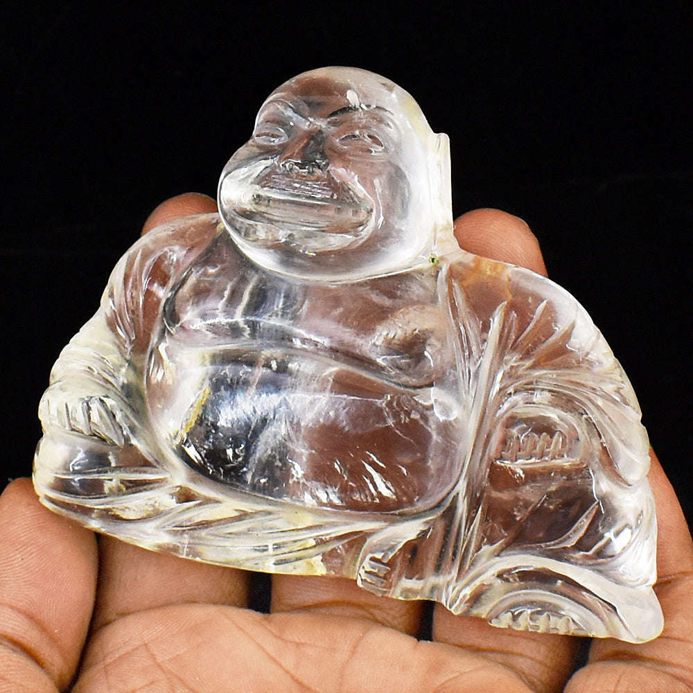 gemsmore:Stunning White Quartz  Hand Carved Genuine Crystal Gemstone Carving Laughing Buddha