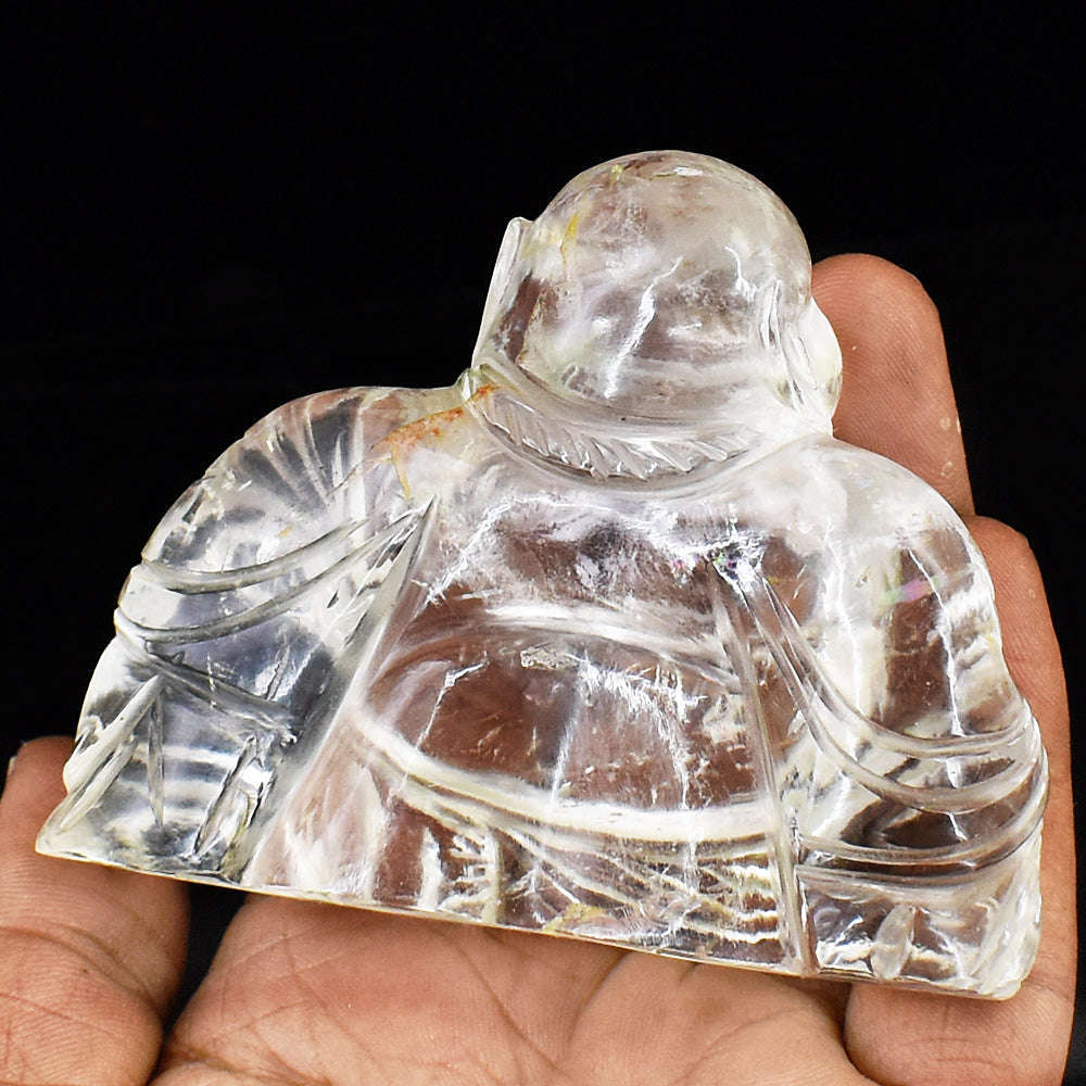 gemsmore:Stunning White Quartz  Hand Carved Genuine Crystal Gemstone Carving Laughing Buddha
