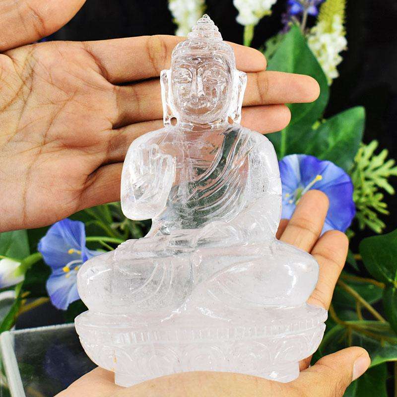 gemsmore:Stunning White Quartz Hand Carved Genuine Crystal Gemstone Carving Lord Buddha