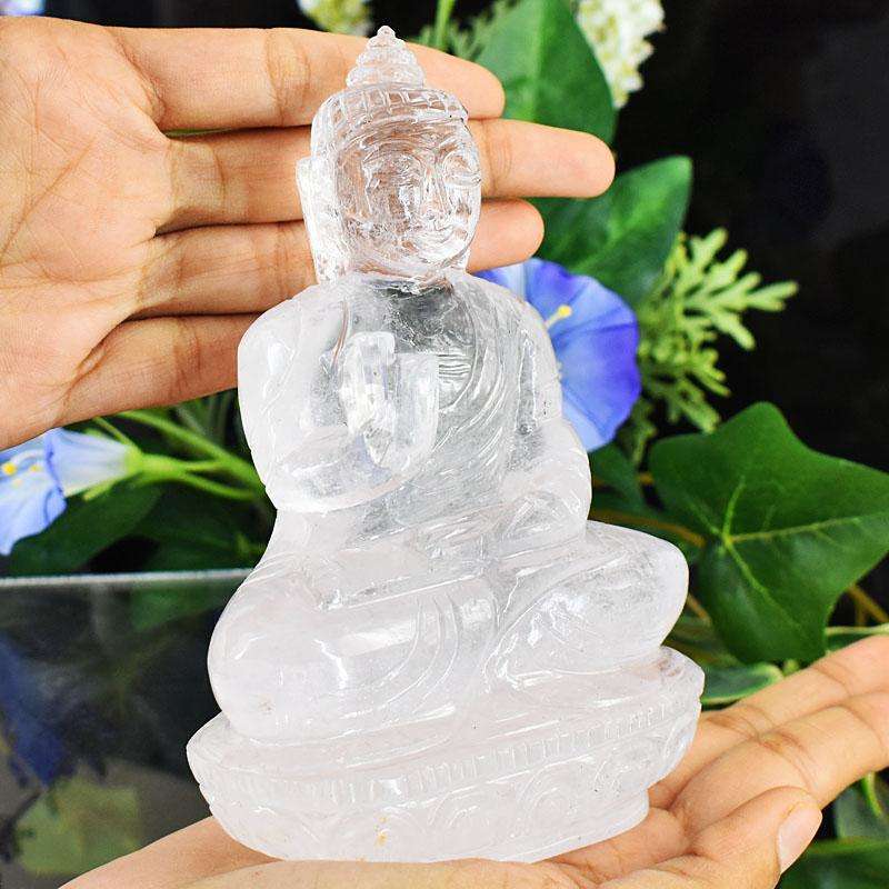 gemsmore:Stunning White Quartz Hand Carved Genuine Crystal Gemstone Carving Lord Buddha