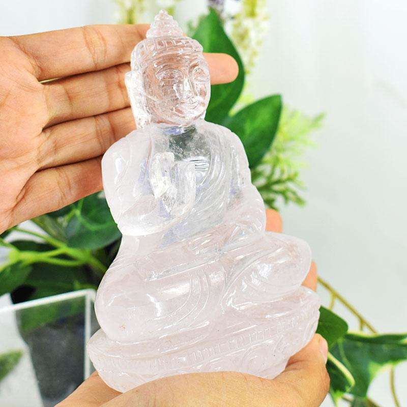 gemsmore:Stunning White Quartz Hand Carved Genuine Crystal Gemstone Carving Lord Buddha