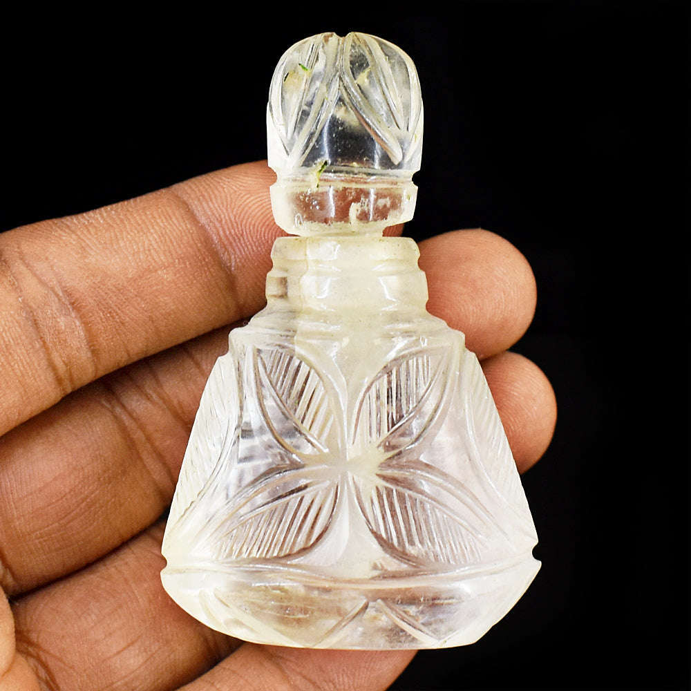 gemsmore:Stunning White Quartz  Hand Carved Genuine Crystal Gemstone Carving Perfume Bottle