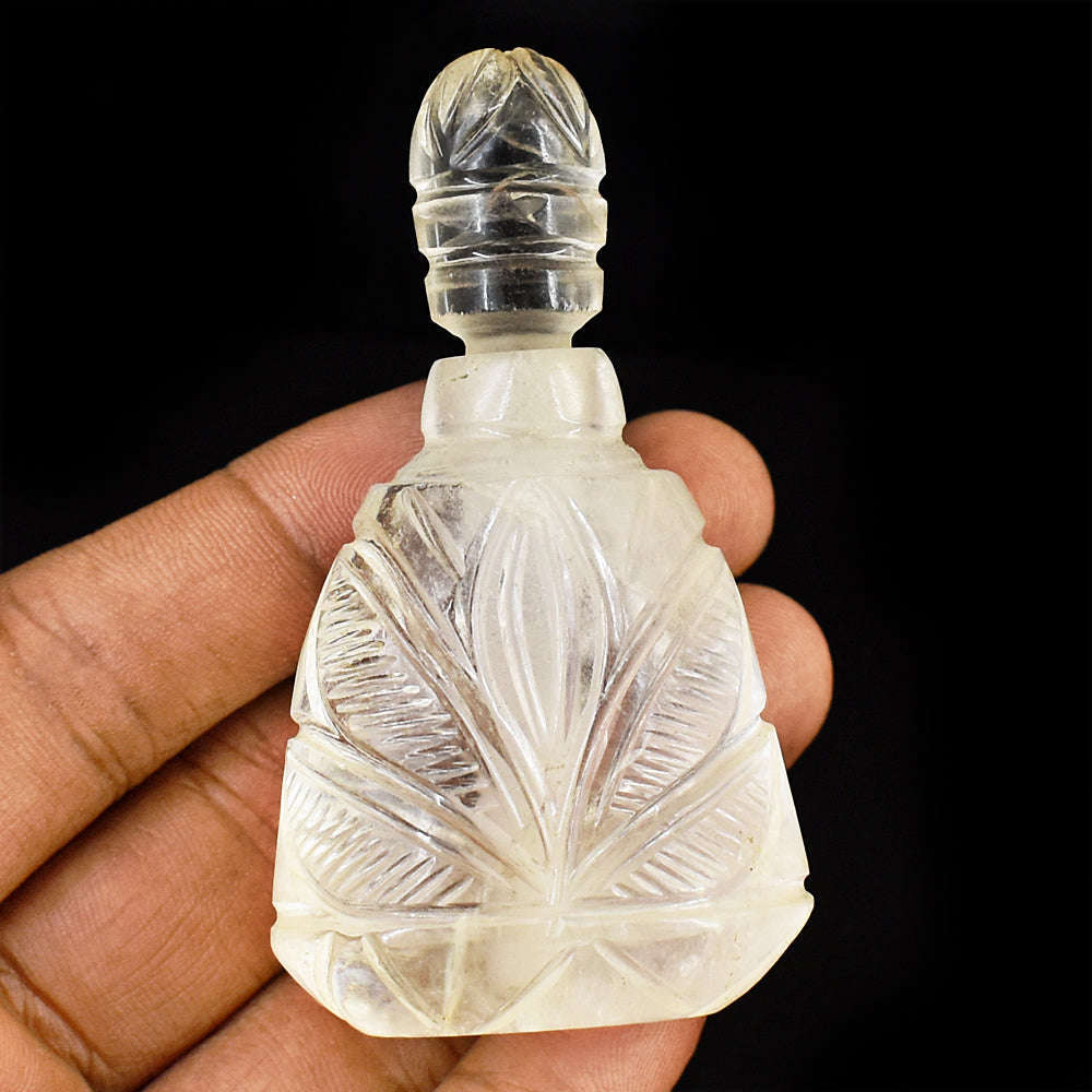 gemsmore:Stunning White Quartz  Hand Carved Genuine Crystal Gemstone Carving Perfume Bottle