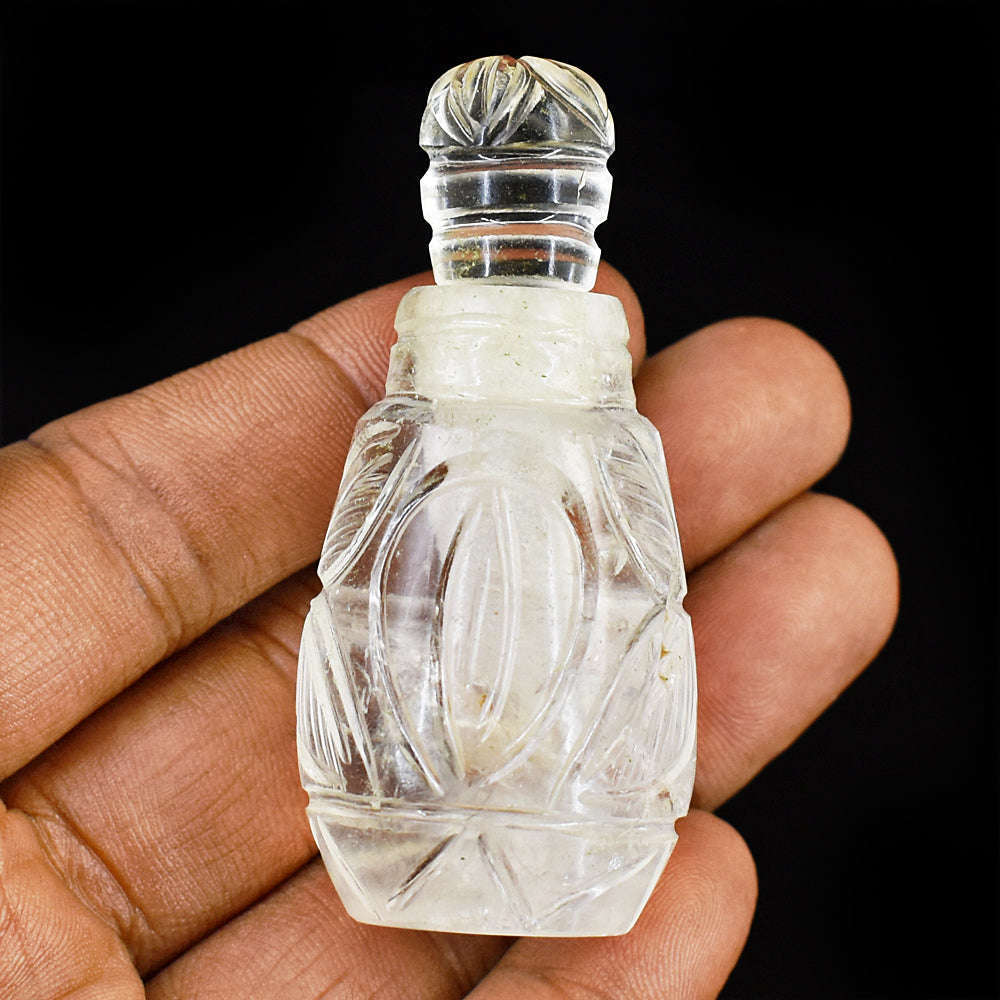 gemsmore:Stunning White Quartz  Hand Carved Genuine Crystal Gemstone Carving Perfume Bottle