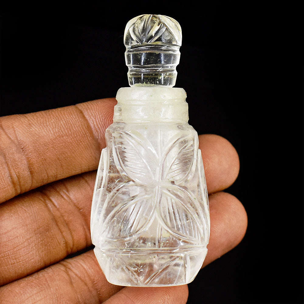 gemsmore:Stunning White Quartz  Hand Carved Genuine Crystal Gemstone Carving Perfume Bottle