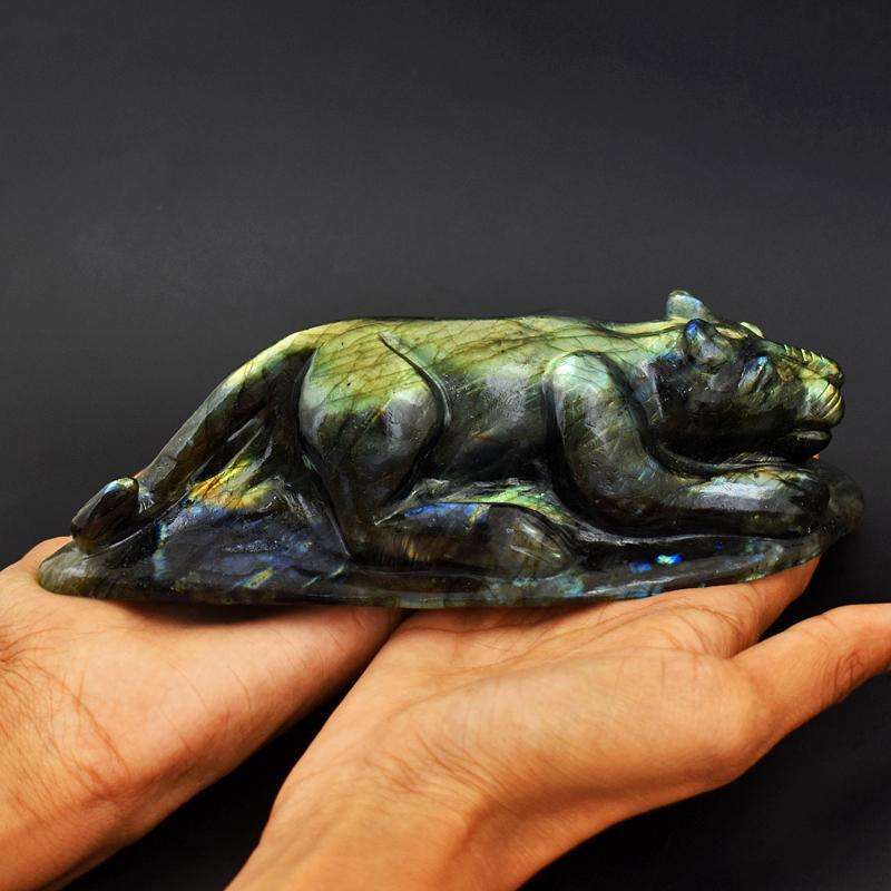gemsmore:Top Blue Flash Labradorite Crystal Carved Panther