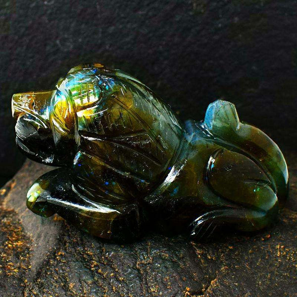 gemsmore:Top Flash Labradorite Carved Lion - Exclusive