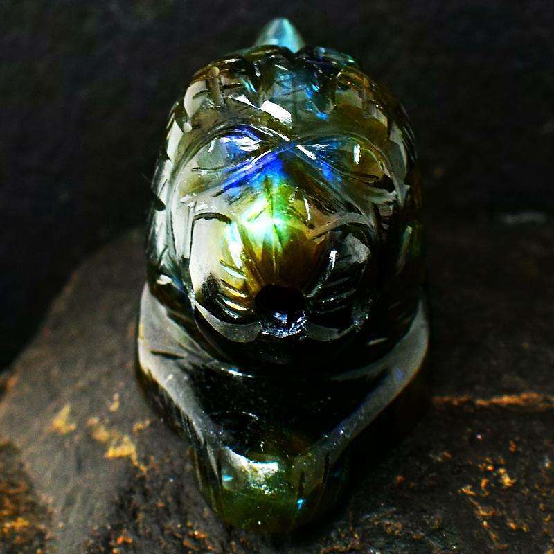gemsmore:Top Flash Labradorite Carved Lion - Exclusive