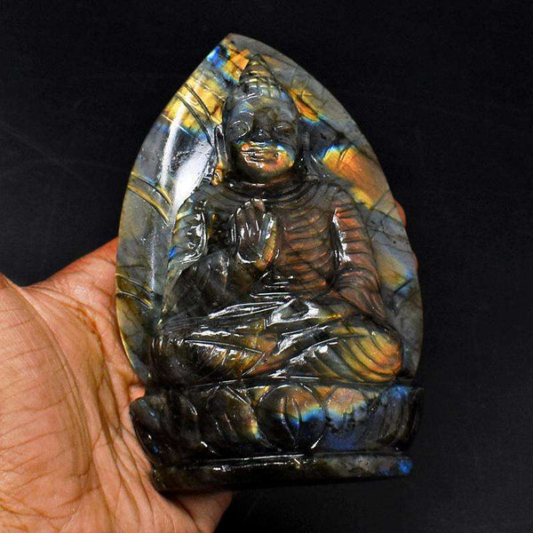 gemsmore:Top Orange Green Flash Labradorite - 3D Style Hand Carved Buddha