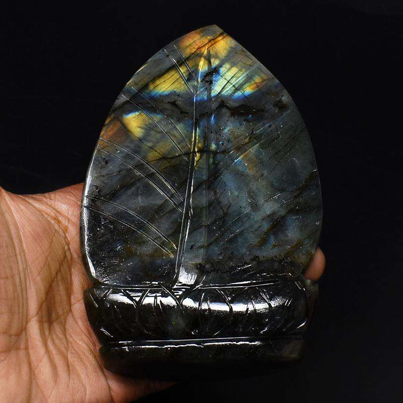 gemsmore:Top Orange Green Flash Labradorite - 3D Style Hand Carved Buddha