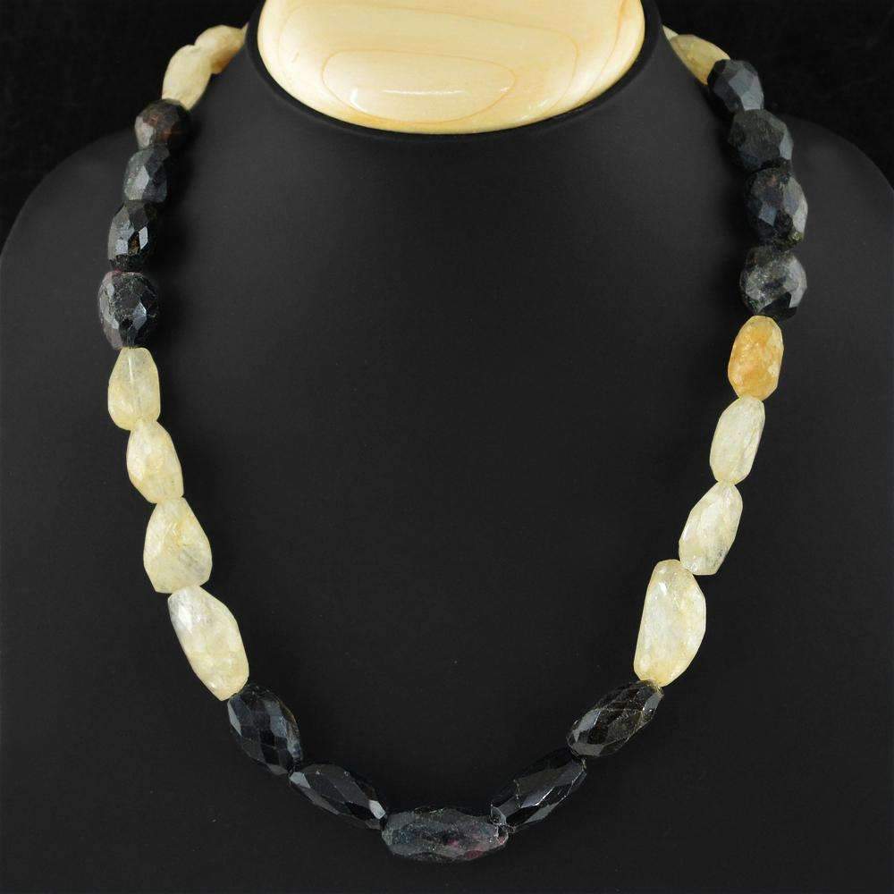gemsmore:Tourmaline & Rutile Quartz Necklace Natural Single Strand Faceted Untreated Beads