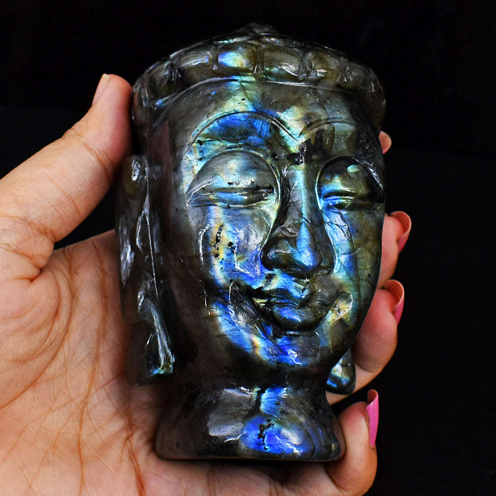 gemsmore:Unique Amazing Flash Labradorite Hard Carved Lord Buddha Head Idol