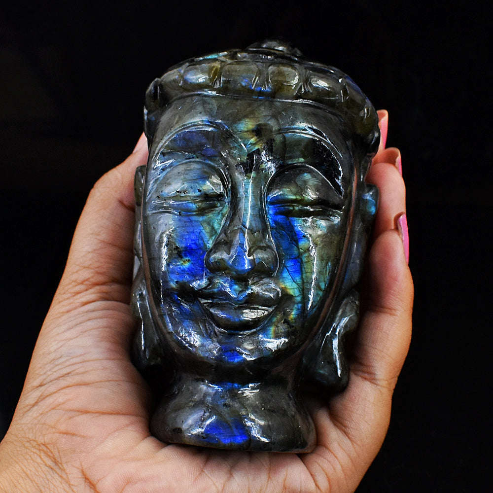gemsmore:Unique Amazing Flash Labradorite Hard Carved Lord Buddha Head Idol