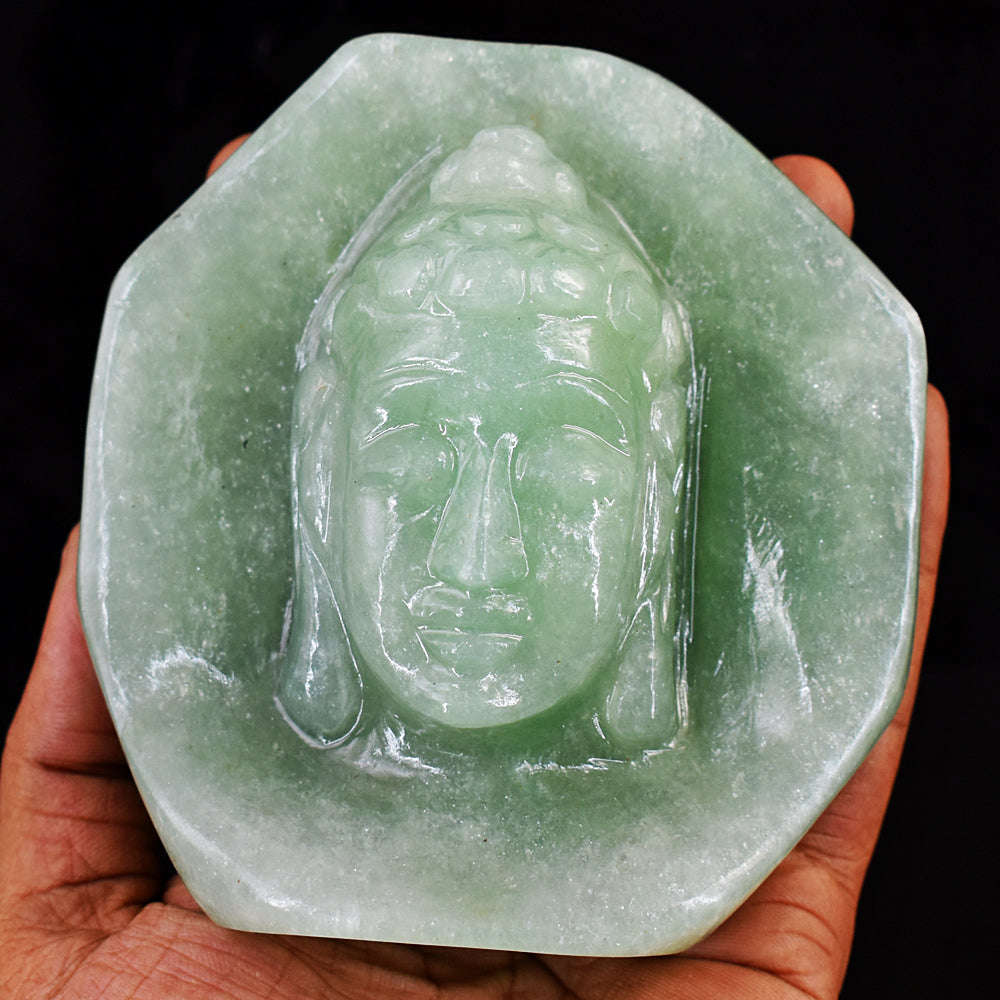 gemsmore:Unique Aventurine Hard Carved Genuine Crystal Carving Lord Buddha Head Idol