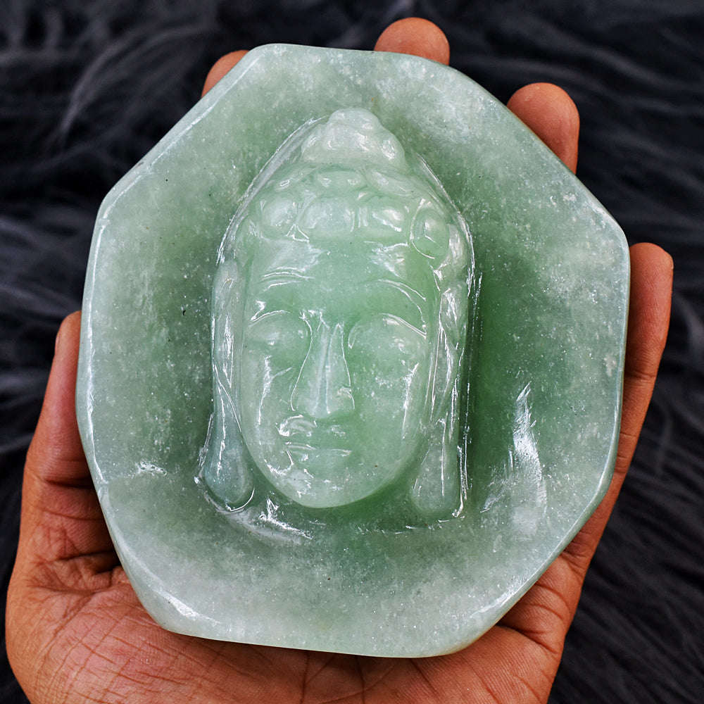 gemsmore:Unique Aventurine Hard Carved Genuine Crystal Carving Lord Buddha Head Idol