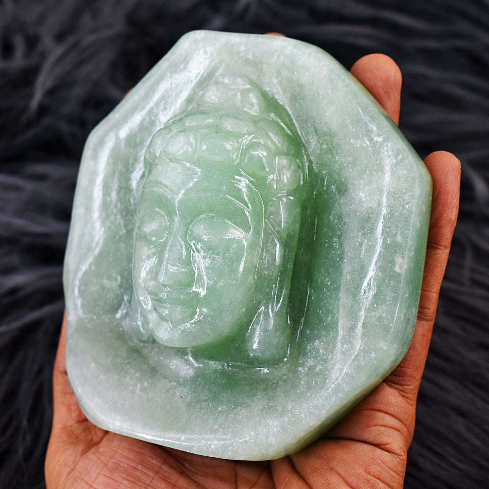 gemsmore:Unique Aventurine Hard Carved Genuine Crystal Carving Lord Buddha Head Idol