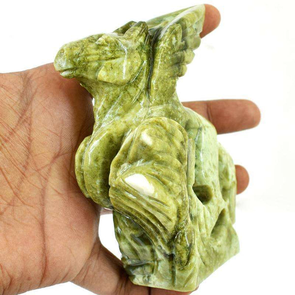 gemsmore:Unique Forest Green Jasper Carved Unicorn Statue