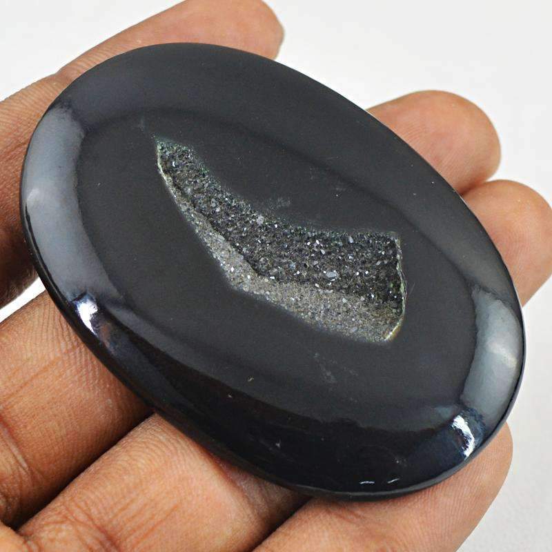 gemsmore:Untreated Black Druzy Onyx Gemstone - Natural Oval Shape