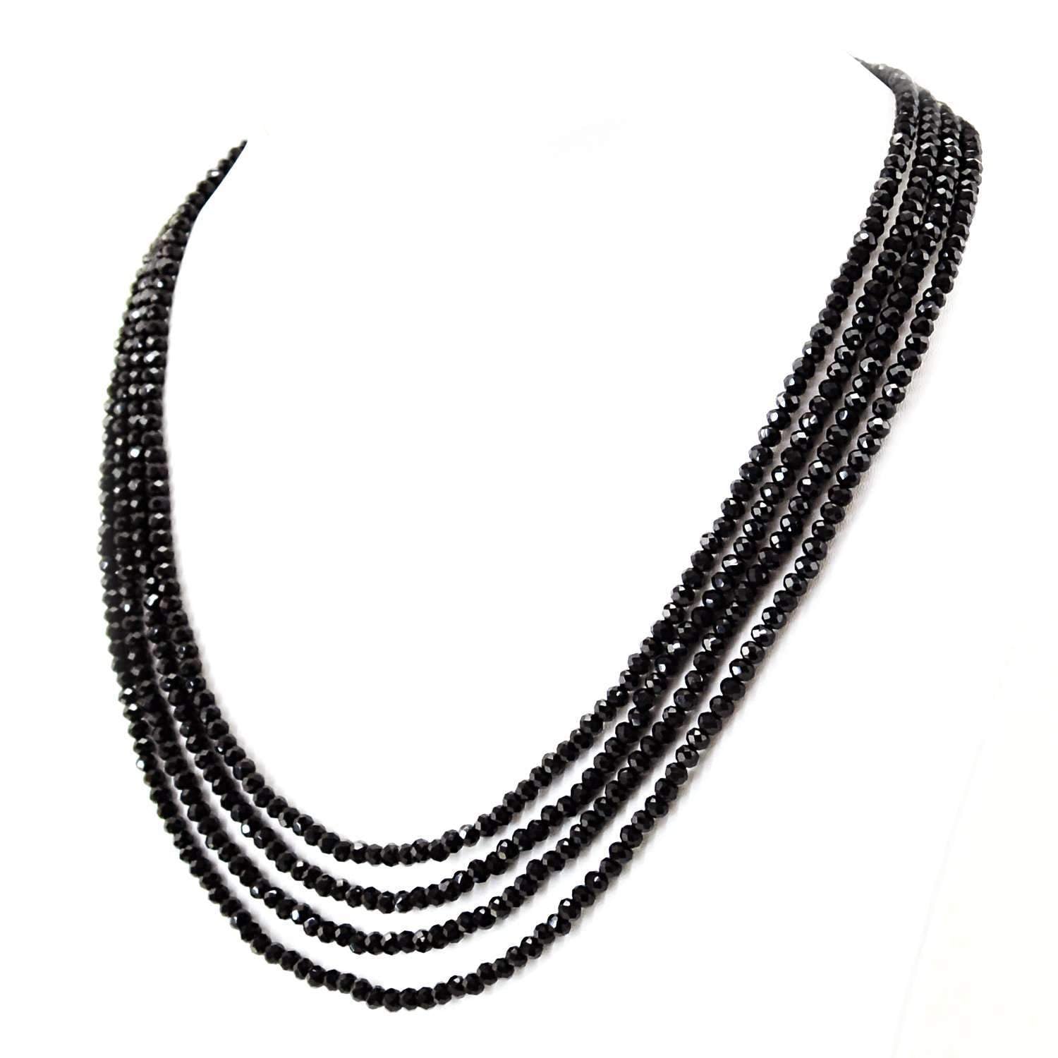 gemsmore:Untreated Black Spinel Necklace Natural 4 Line Round Cut Beads