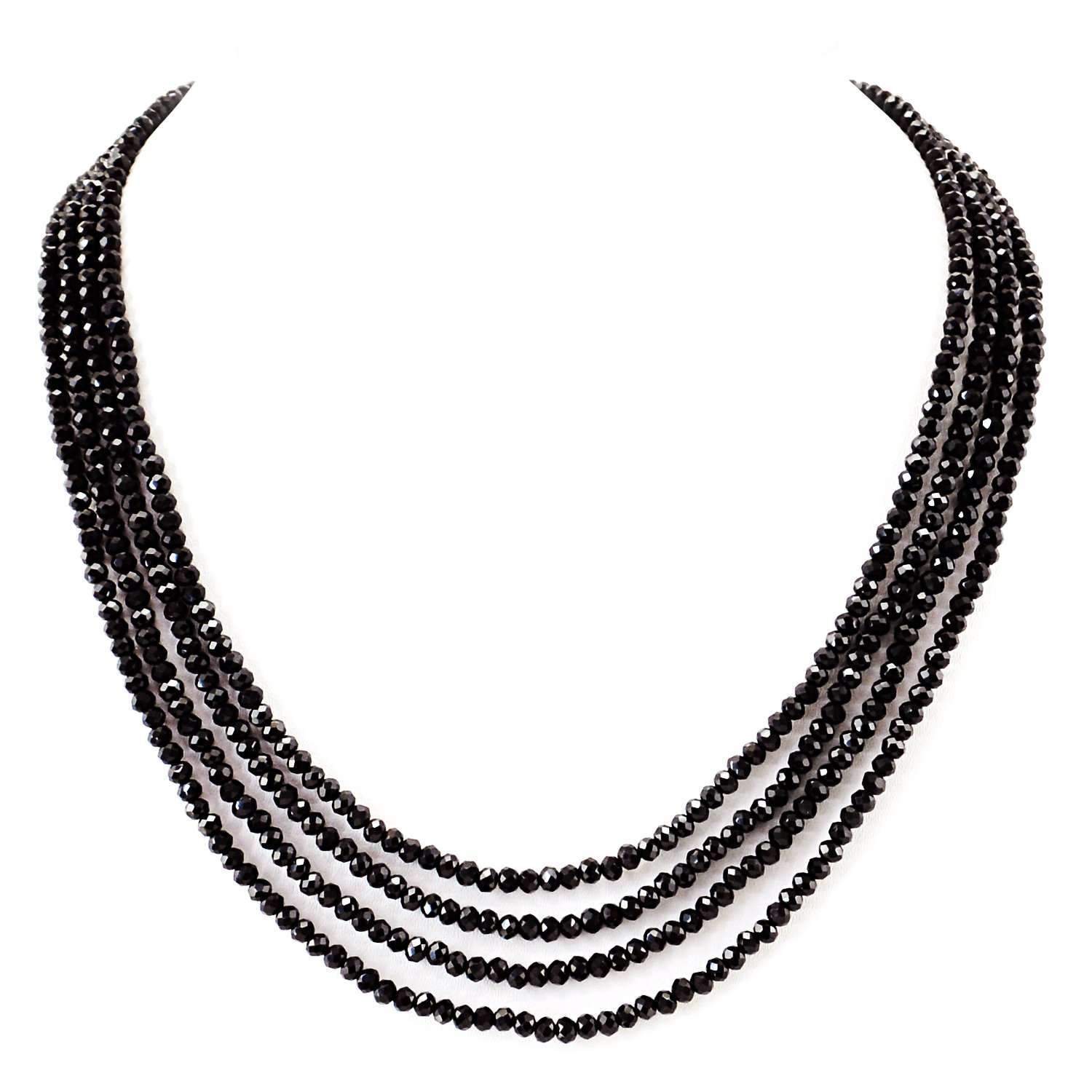 gemsmore:Untreated Black Spinel Necklace Natural 4 Line Round Cut Beads
