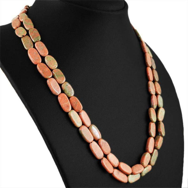 gemsmore:Untreated Blood Green Unakite Necklace Natural 2 Line Oval Beads