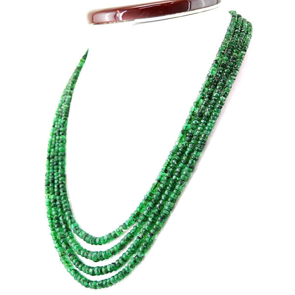 gemsmore:Untreated Green Emerald Necklace Natural 4 Line Round Cut Beads