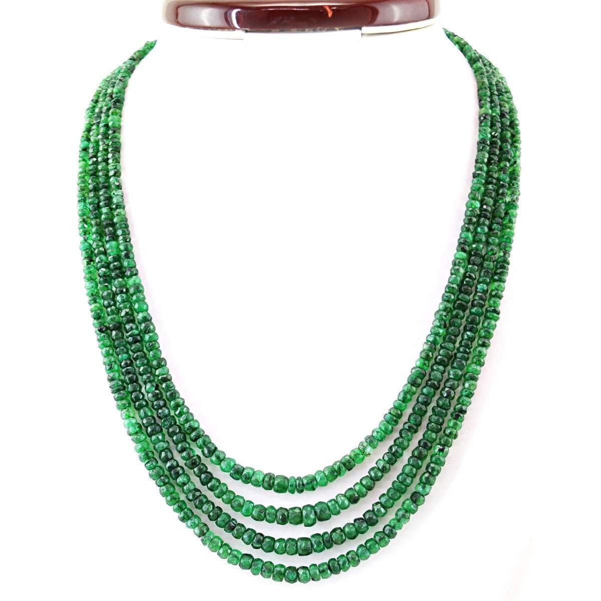 gemsmore:Untreated Green Emerald Necklace Natural 4 Line Round Cut Beads