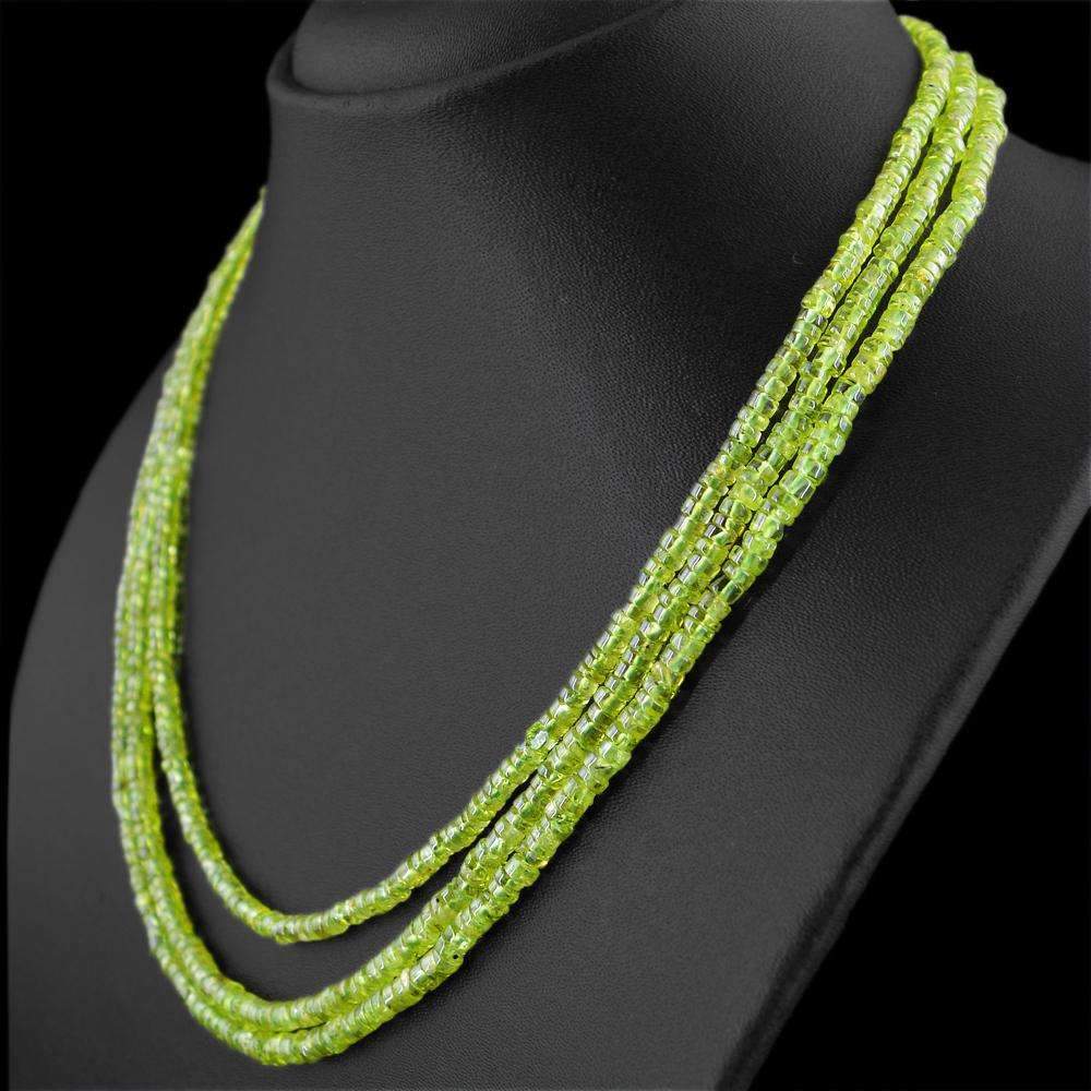 gemsmore:Untreated Green Peridot Necklace Natural 3 Line Round Shape Beads