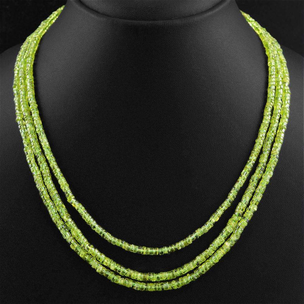 gemsmore:Untreated Green Peridot Necklace Natural 3 Line Round Shape Beads