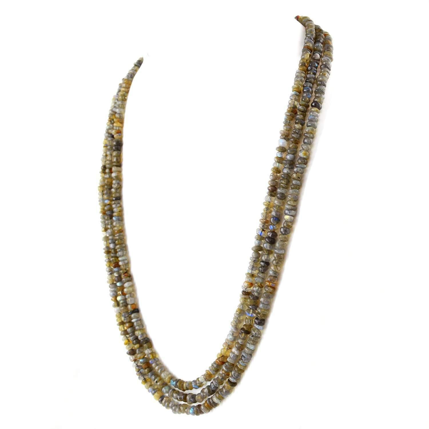 gemsmore:Untreated Labradorite Necklace Natural 3 Line Round Shape Beads