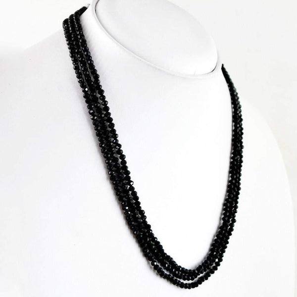 gemsmore:Untreated Natural Black Spinel Necklace 3 Strand Round Cut Beads