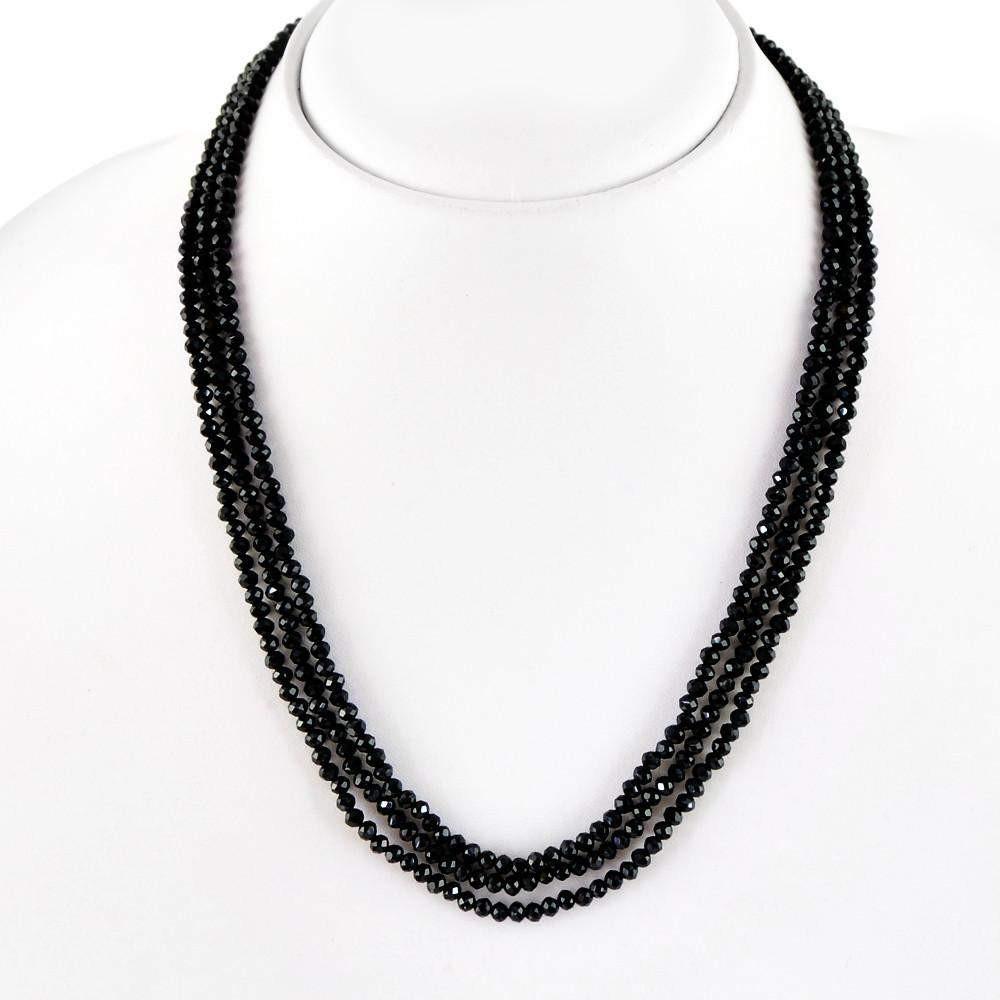 gemsmore:Untreated Natural Black Spinel Necklace 3 Strand Round Cut Beads