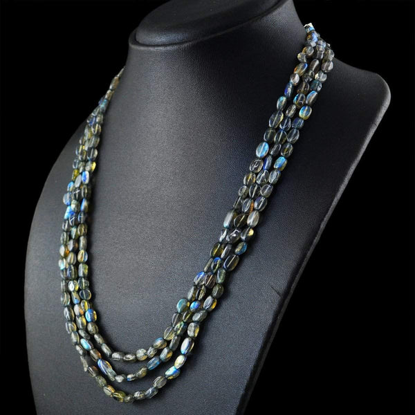 gemsmore:Untreated Natural Blue Flash Labradorite Necklace 3 Strand Oval Shape Beads